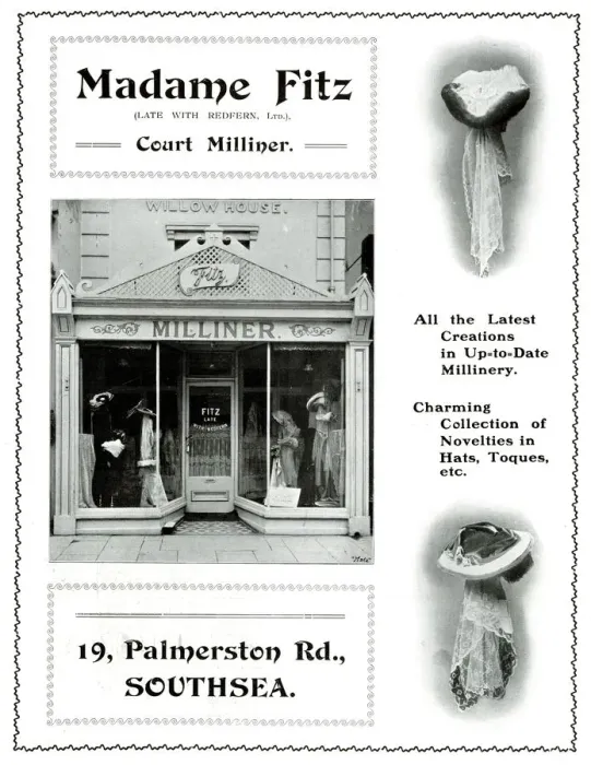 Framed Print : Hats, Madame Fitz, Court Milliner, Palmerston Road, Southsea Framed Print : Hats, Madame Fitz, Court Milliner, Palmerston Road, Southsea