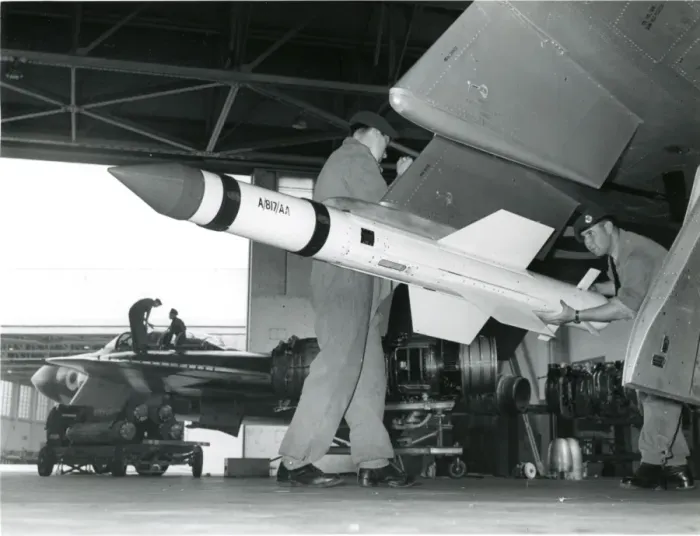 Framed Print : A de Havilland Firestreak air-to-air missile being loade? Framed Print : A de Havilland Firestreak air-to-air missile being loade?