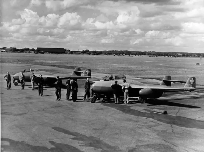Framed Print : Two or the four de Havilland Vampire F1s ordered by Swiss Framed Print : Two or the four de Havilland Vampire F1s ordered by Swiss