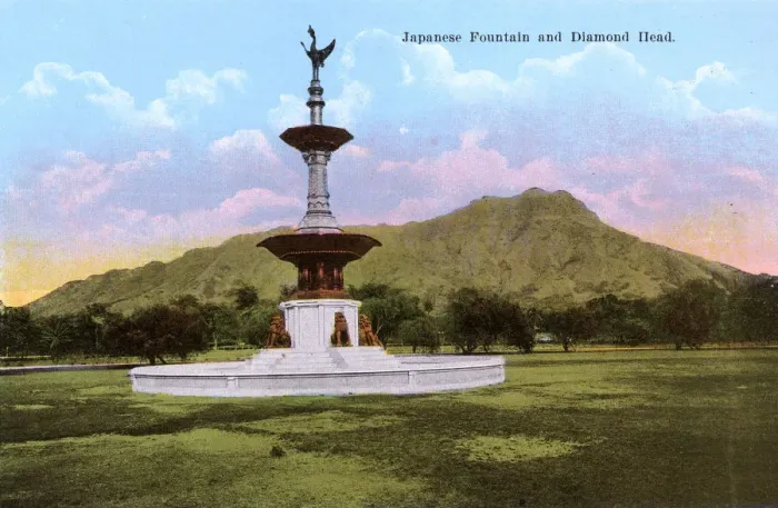 Framed Print : Hawaiian Islands, USA - Japanese Fountain and Diamond Head Framed Print : Hawaiian Islands, USA - Japanese Fountain and Diamond Head