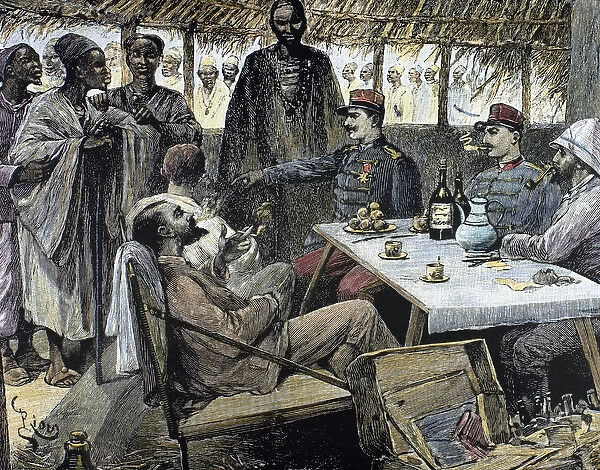 Head of an African tribe interviewing with the French. Engra