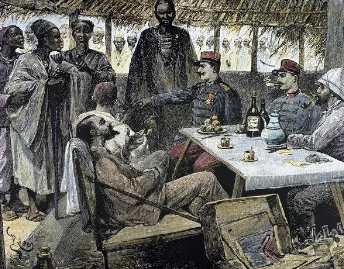Framed Print : Head of an African tribe interviewing with the French. Engra
