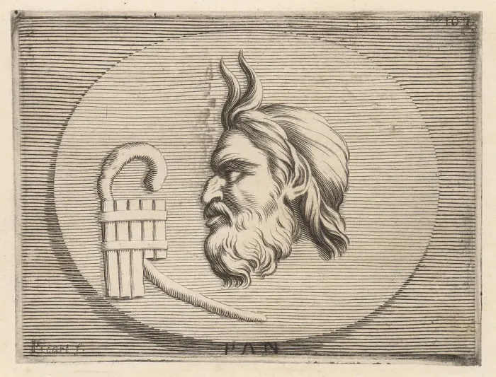 Framed Print : Head of the Greek god of the wild, Pan, with the syrinx or pan f Framed Print : Head of the Greek god of the wild, Pan, with the syrinx or pan f
