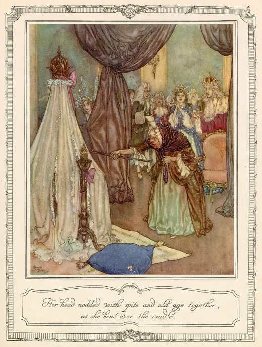 Framed Print : Her head nodded with spite and old age together, as she bent over the cradle. The wicked fairy, excluded from the christening of the baby princess, casts a curse on her. Date: 1911 Framed Print : Her head nodded with spite and old age together, as she bent over the cradle. The wicked fairy, excluded from the christening of the baby princess, casts a curse on her. Date: 1911