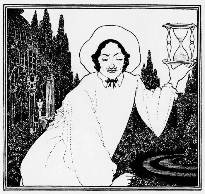 Framed Print : Headpiece. Illustration of man holding a sand glass. Artist: Aubrey Beardsley Date: 1890s Framed Print : Headpiece. Illustration of man holding a sand glass. Artist: Aubrey Beardsley Date: 1890s