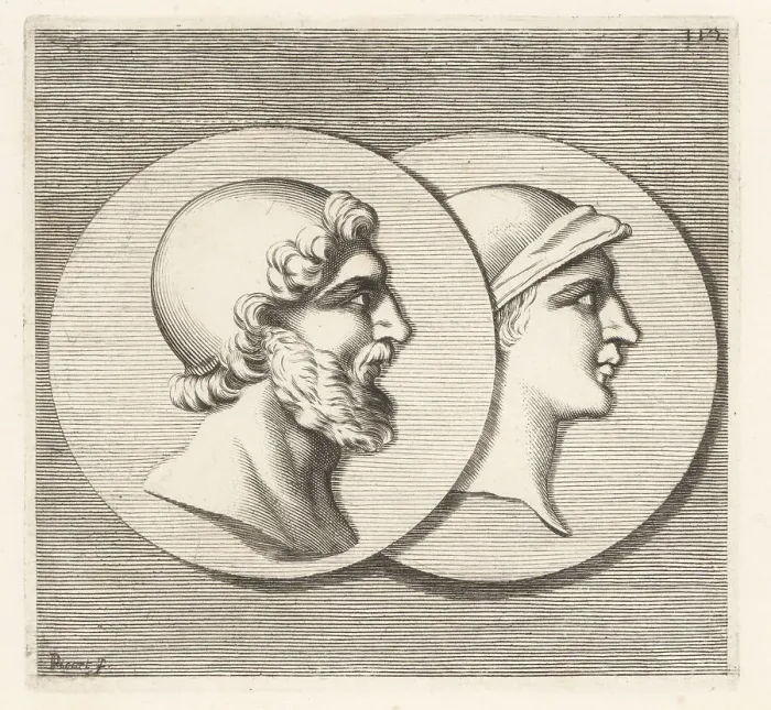 Framed Print : Heads of two soldiers in ancient helmets Framed Print : Heads of two soldiers in ancient helmets