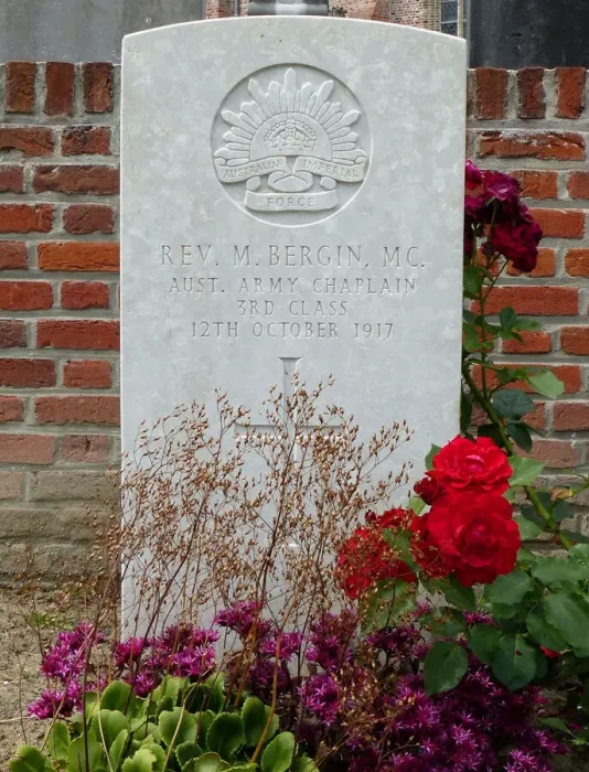 Framed Print : Headstone of Rev M. Bergin, MC, Reningelst CWGC Extension Framed Print : Headstone of Rev M. Bergin, MC, Reningelst CWGC Extension