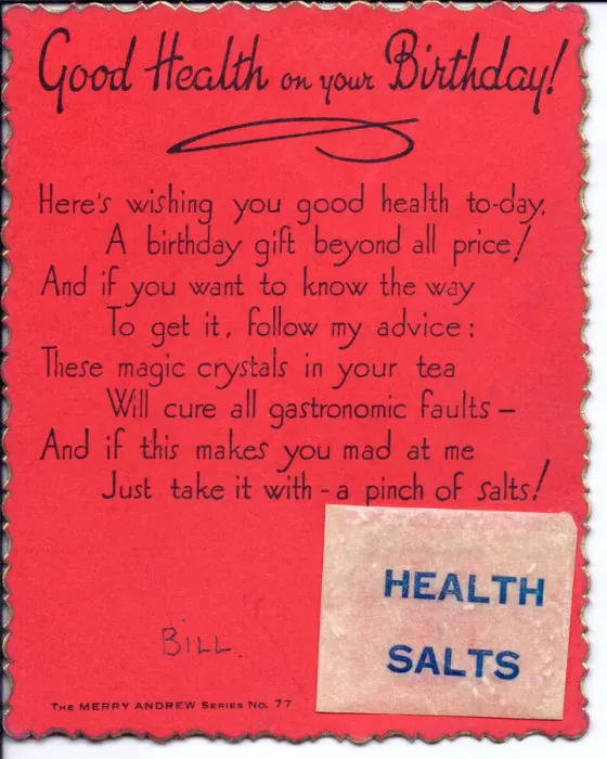 Framed Print : Health salts with comic verse on a birthday card Framed Print : Health salts with comic verse on a birthday card