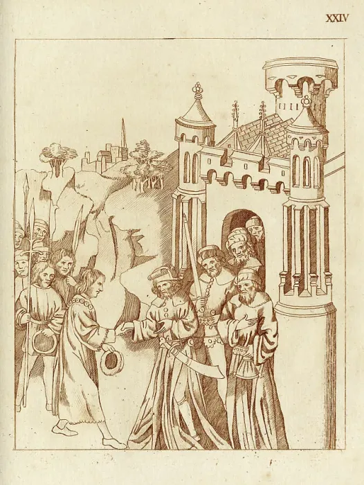 Framed Print : Hearing that Richard Beauchamp, Earl of Warwick, is in Jerusalem, Sir Baltirdam, the Sultan's Lieutenant, receives him and invites him to dine. Date: C.1409 Framed Print : Hearing that Richard Beauchamp, Earl of Warwick, is in Jerusalem, Sir Baltirdam, the Sultan's Lieutenant, receives him and invites him to dine. Date: C.1409