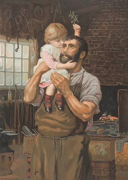 His Heart. Scene depicting a blacksmith or farrier embracing his daughter