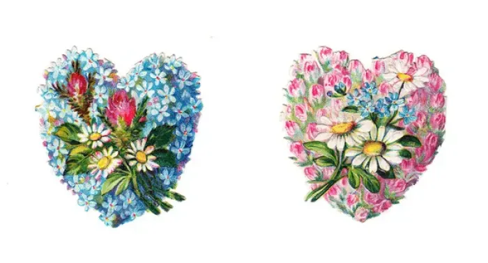 Framed Print : Heart-shaped flowers on two Victorian scraps Framed Print : Heart-shaped flowers on two Victorian scraps