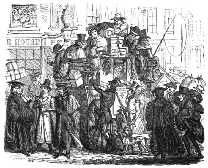Framed Print : Heavily-laden and crowded coach, c. 1820 Framed Print : Heavily-laden and crowded coach, c. 1820