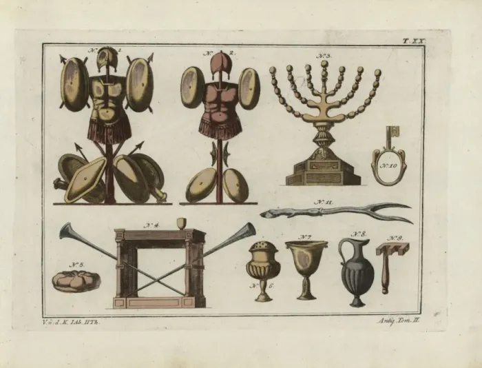 Framed Print : Hebrew helmets, chandelier, table, bread, household items Framed Print : Hebrew helmets, chandelier, table, bread, household items