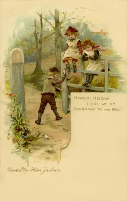 Framed Print : Heigho! -- children swinging on a gate