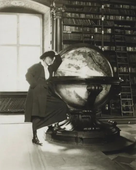 Framed Print : Helen Johns Kirtland leaning on a globe Framed Print : Helen Johns Kirtland leaning on a globe
