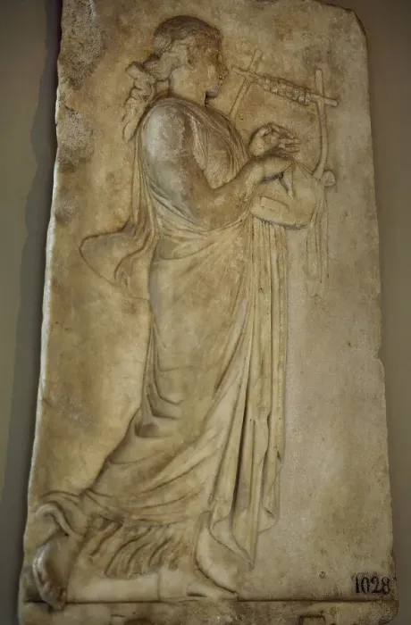 Framed Print : Hellenistic relief depicting a Muse playing the zither Framed Print : Hellenistic relief depicting a Muse playing the zither