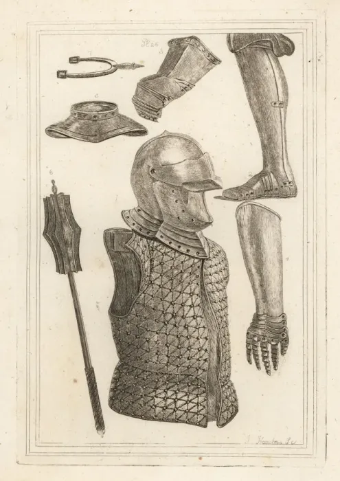 Framed Print : Helmet, gauntlet, gorget, mace, and prick spur Framed Print : Helmet, gauntlet, gorget, mace, and prick spur