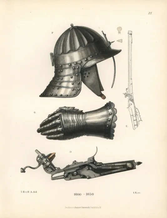 Framed Print : Helmet, glove and flintlock pistol from the 17th century Framed Print : Helmet, glove and flintlock pistol from the 17th century