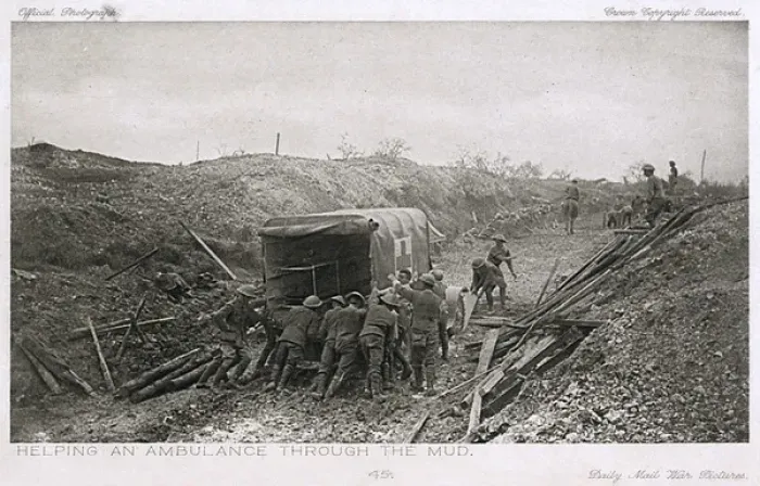 Framed Print : Helping an ambulance through the mud, WW1 Framed Print : Helping an ambulance through the mud, WW1