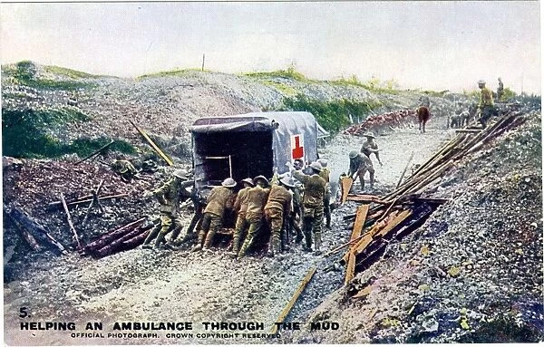 Helping an ambulance through the mud, WW1