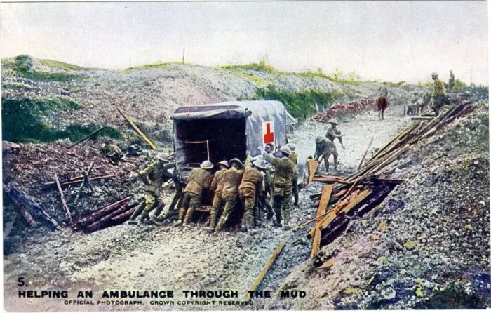 Framed Print : Helping an ambulance through the mud, WW1 Framed Print : Helping an ambulance through the mud, WW1