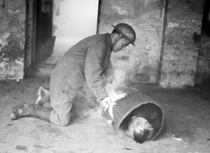Framed Print : Helping someone on fire, ARP training exercise during WW2 Framed Print : Helping someone on fire, ARP training exercise during WW2
