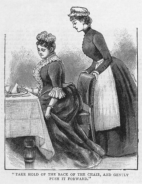 Helping Mistress. Waiting at table, the maidservant helps her mistress into her place