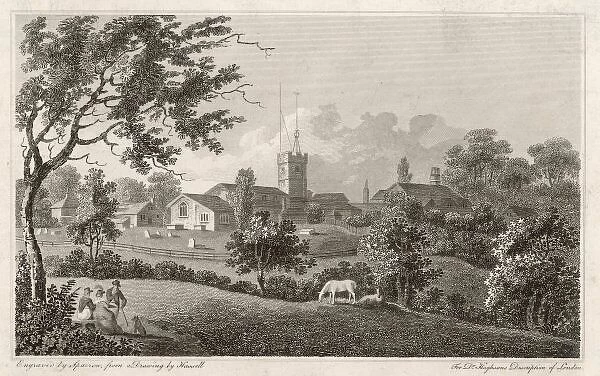 Hendon in 1807. Open fields near Hendon church