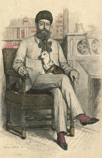 Henry Fouquier (1838-1901) French journalist, seated with his small dog in his lap
