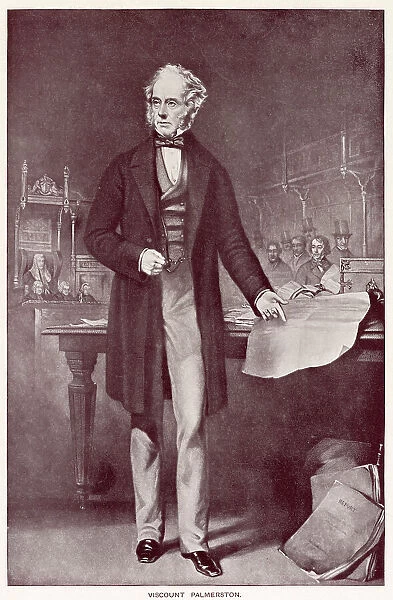 Henry John Temple, 3rd Viscount Palmerston (1784 - 1865), British statesman, and twice Prime Minister of the United Kingdom in the mid-19th century. Standing in the Houses of Parliament, London