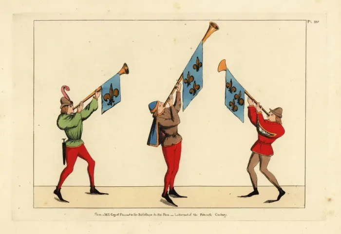 Framed Print : Three heralds with trumpets adorned with fleur-de-lis Framed Print : Three heralds with trumpets adorned with fleur-de-lis