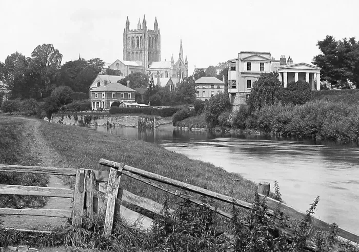 Framed Print : Hereford Cathedral from the River Wye Victorian period Framed Print : Hereford Cathedral from the River Wye Victorian period