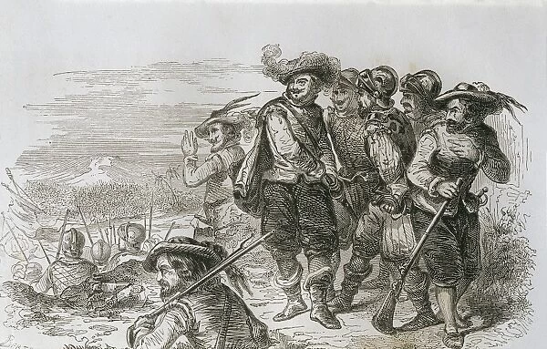 Hernan Cort鳠with his fellows in the Battle