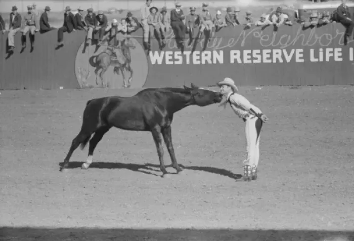Framed Print : High school horse and his owner-trainer at the rodeo of Framed Print : High school horse and his owner-trainer at the rodeo of