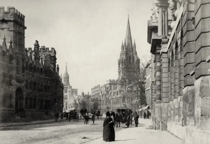 Framed Print : High Street, Oxford, spires, pedestrians, carriages Framed Print : High Street, Oxford, spires, pedestrians, carriages
