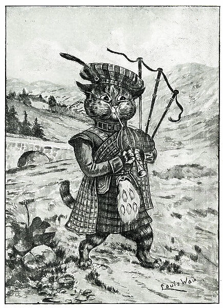Highland Scottish cat playing the bagpipes by Louis Wain