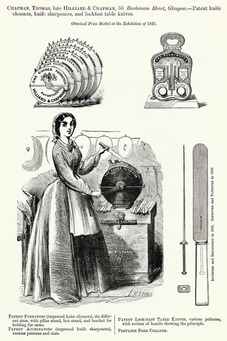 Framed Print : Hilliard & Chapman, free standing patent knife polishing and sharpening with six different sizes. Date: 1862 Framed Print : Hilliard & Chapman, free standing patent knife polishing and sharpening with six different sizes. Date: 1862