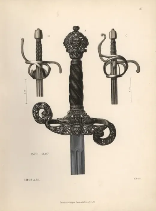 Framed Print : Hilts from three 17th century rapiers Framed Print : Hilts from three 17th century rapiers
