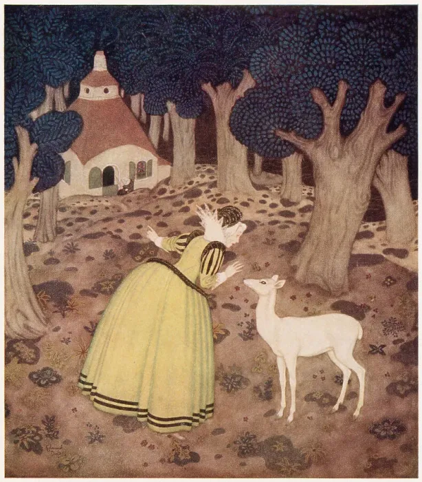 Framed Print : The Hind of the Wood, a French fairy tale. Girofle thanked the fairy and went... far into the wood; and there, sure enough, she saw a hut and an old woman sitting outside. Illustration by Edmund Dulac. Date: 1916 Framed Print : The Hind of the Wood, a French fairy tale. Girofle thanked the fairy and went... far into the wood; and there, sure enough, she saw a hut and an old woman sitting outside. Illustration by Edmund Dulac. Date: 1916