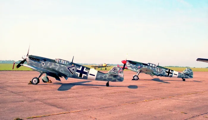 Framed Print : Hispano HA.1112 Buchon G-BOML and D-FEHD Framed Print : Hispano HA.1112 Buchon G-BOML and D-FEHD