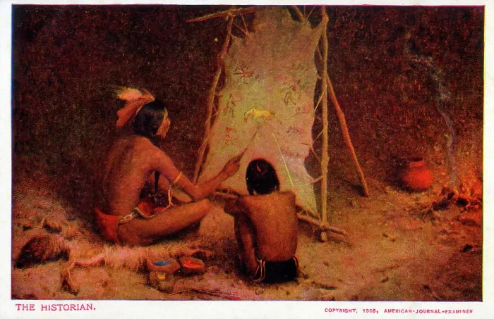 Framed Print : The Historian - Indian Elder teaches boy using pictograms Framed Print : The Historian - Indian Elder teaches boy using pictograms