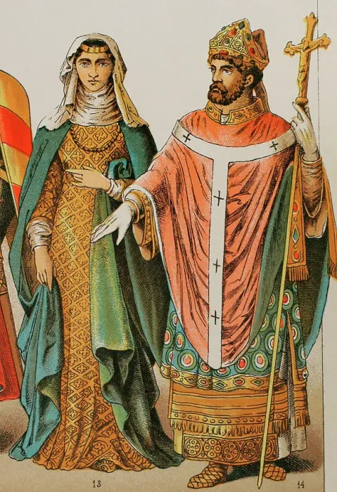 Framed Print : History of England, 1200. Lady and bishop. Chromolithography Framed Print : History of England, 1200. Lady and bishop. Chromolithography