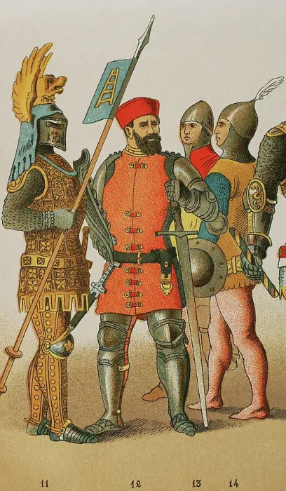 Framed Print : History of Italy. 1300. From left to right: warriors Framed Print : History of Italy. 1300. From left to right: warriors