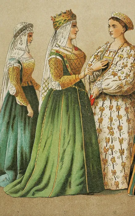 Framed Print : History of Italy. 1400. Queen of Cyprus flanked Framed Print : History of Italy. 1400. Queen of Cyprus flanked