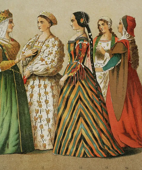 Framed Print : History of Italy. 1400. Queen of Cyprus and ladies Framed Print : History of Italy. 1400. Queen of Cyprus and ladies