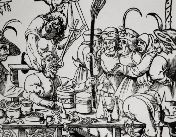 Framed Print : History of medicine. Dentist. Middle Ages. Satire. Engraving Framed Print : History of medicine. Dentist. Middle Ages. Satire. Engraving