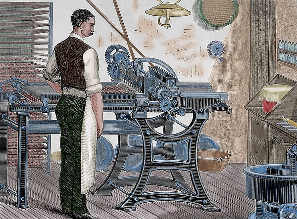 History of medicine. Machinery. cartoning pills. Engraving