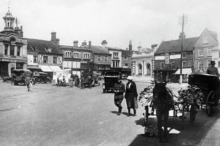 Framed Print : Hitchin Market Place probably 1920s Framed Print : Hitchin Market Place probably 1920s