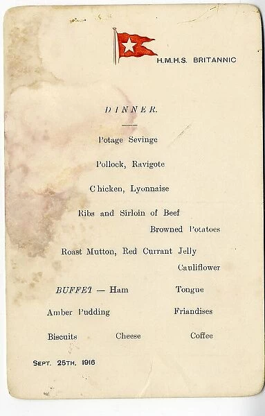 HMHS Britannic - dinner menu, WW1