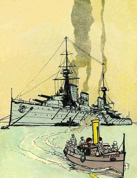 HMS Ajax. Crew members disembarking from HMS Ajax, a World War I battleship